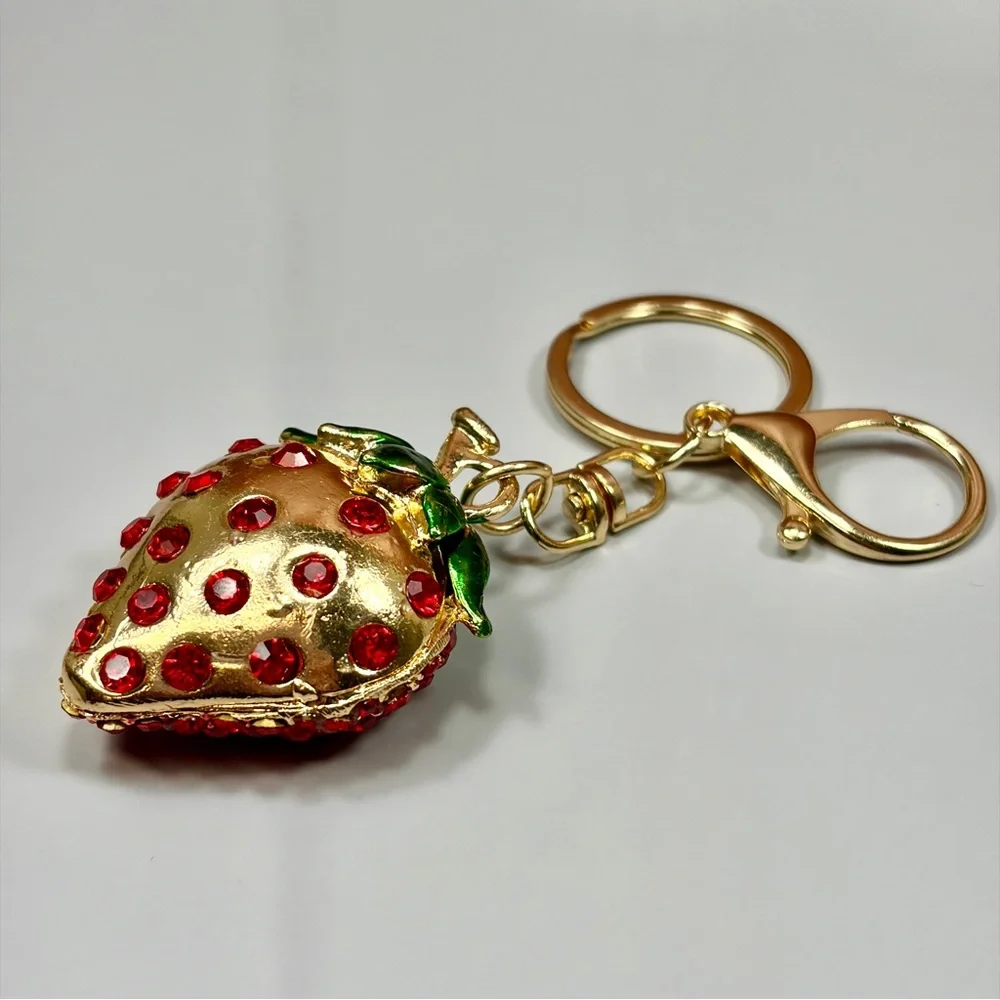 Chunky Rhinestone Strawberry Keychain - Red & Green Gold Hardware